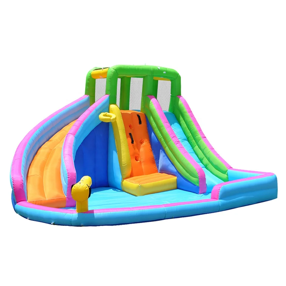 Summer cool inflatable water park with basket climbing house bounce slide inflatable swimming pool and double water slide