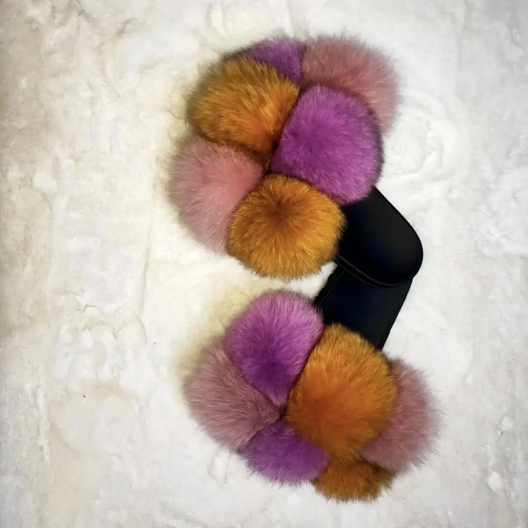 custom indoor oem logo blue real fox fur fluffy slides sandals slipper for women