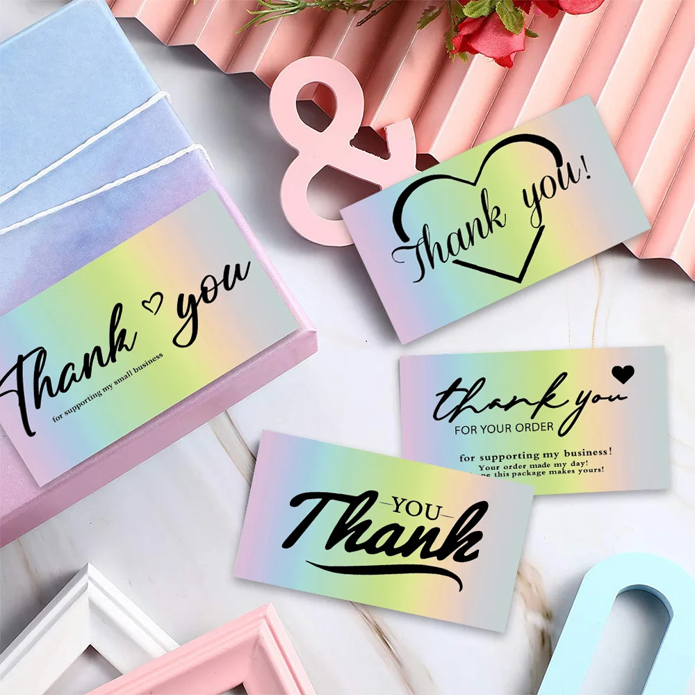 50pcs/pack Thank You Cards For Supporting Small Business Holographic Mini Rainbow Card Business Card For Package Decoration