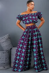African Dashiki Womens 2 Piece Outfit Off Shoulder Crop Tops  Loose Wide Leg Pants Two Piece Set Women Clothing Sexy Summer
