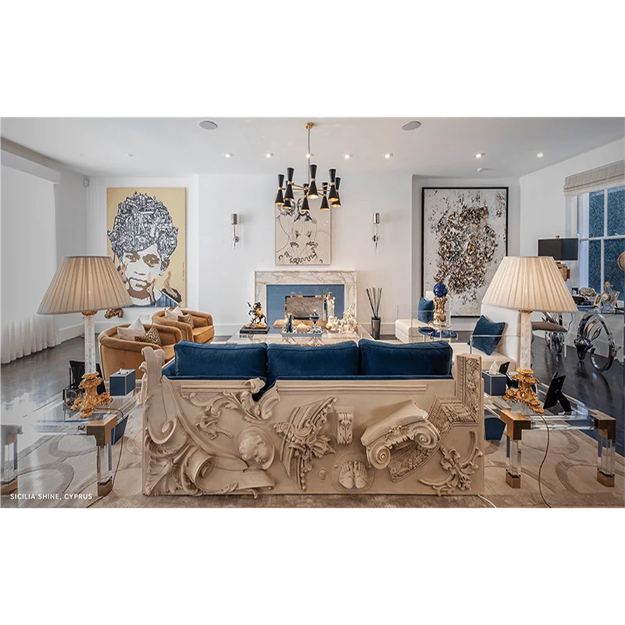 Atmospheric luxury velvet sofa blue carved living room sofa high-end exclusive luxury modern soft three-seat sofa set