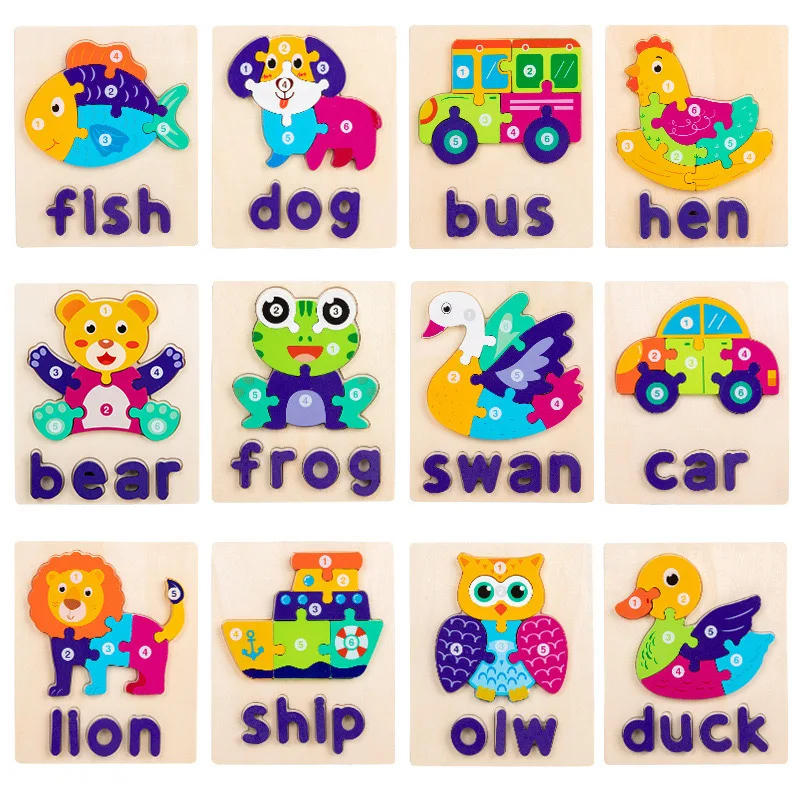 Unisex Wooden 3D Animal Traffic Puzzle Cartoon Toy for Cognitive Development Early Educational Toy for Boys and Girls