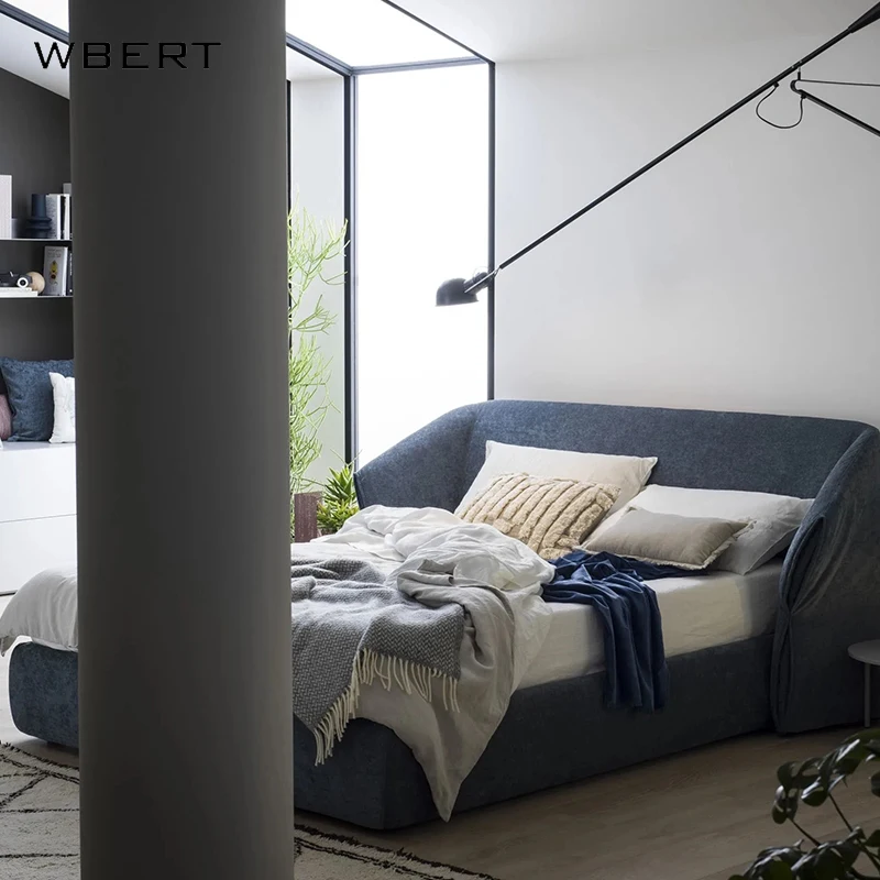 WBERT Modern Design Double Bed with Creative Fabric Backrest Soft Cushion Bed with Wooden Frame for Villa Household Furniture