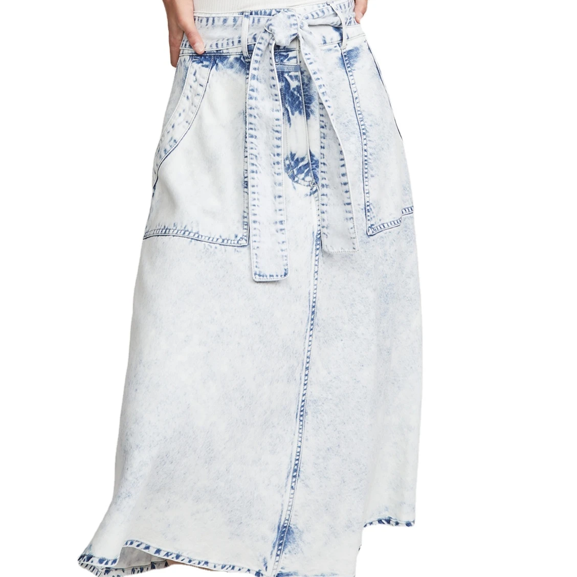custom acid wash vintage sashes design jeans midi skirts woman denim