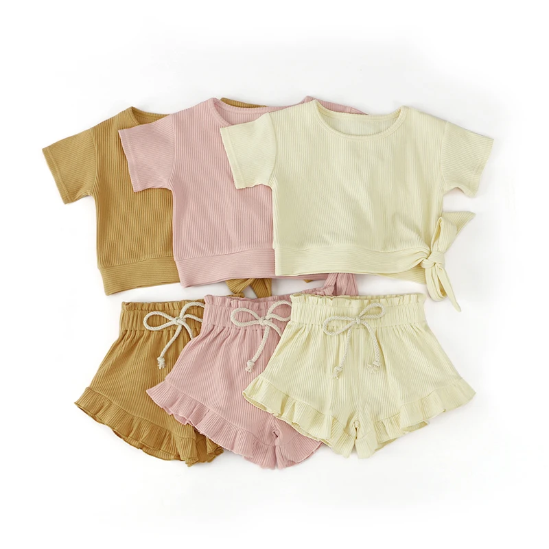 2024 оптовая продажа новый дизайн летняя детская одежда из чистого хлопка с коротким рукавом комплект одежды для маленьких девочек