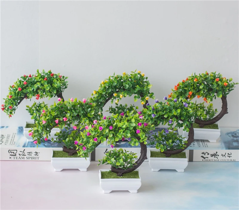 Hongying Plants Bonsai Tree Artificial Rose Plastic Greenery Potted for Wholesale