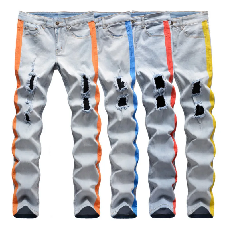 2021 Hot Selling Straight Slim Fit Stretch Side Stripe Light Blue Ripped Jeans Men
