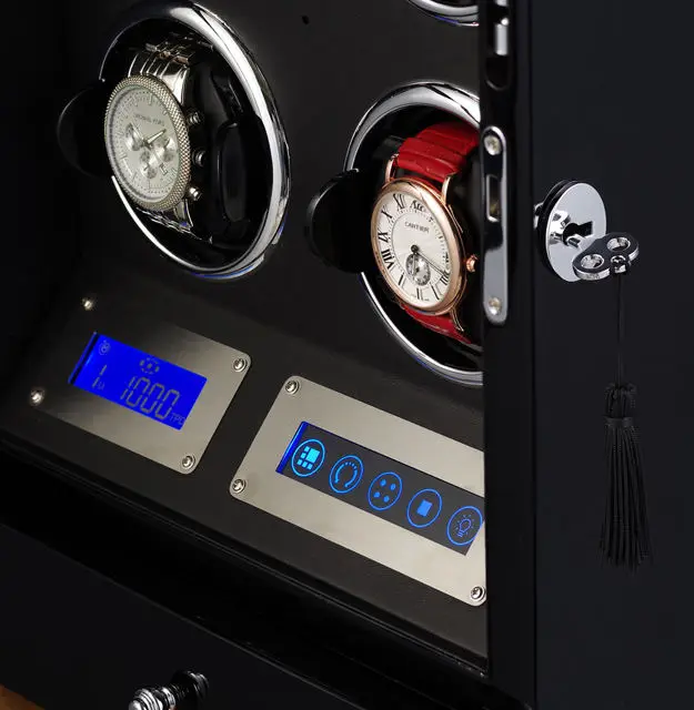 Luxury High quality  molle Automatic watch winder safe wood leather watch winder box  4 slots with touch screen LED drawer