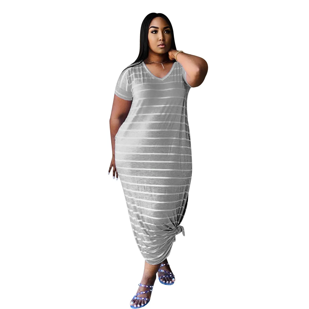 Fashion Side Pocket Striped Printed European And American Style Women Dress