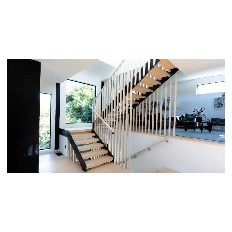 Ace Iron Straight Stairs Mono Stringer U Shape Straight Staircase Solid Wood Steps Timber Tread Stair Beech Wood Step