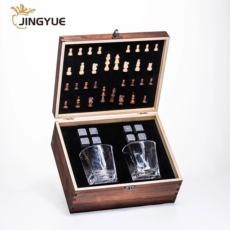 Artisan Crafted Old Fashioned Crystal Square Cocktail Glasses and Chilling Rock Stones Gift with Chess Set in Wooden Storage Box