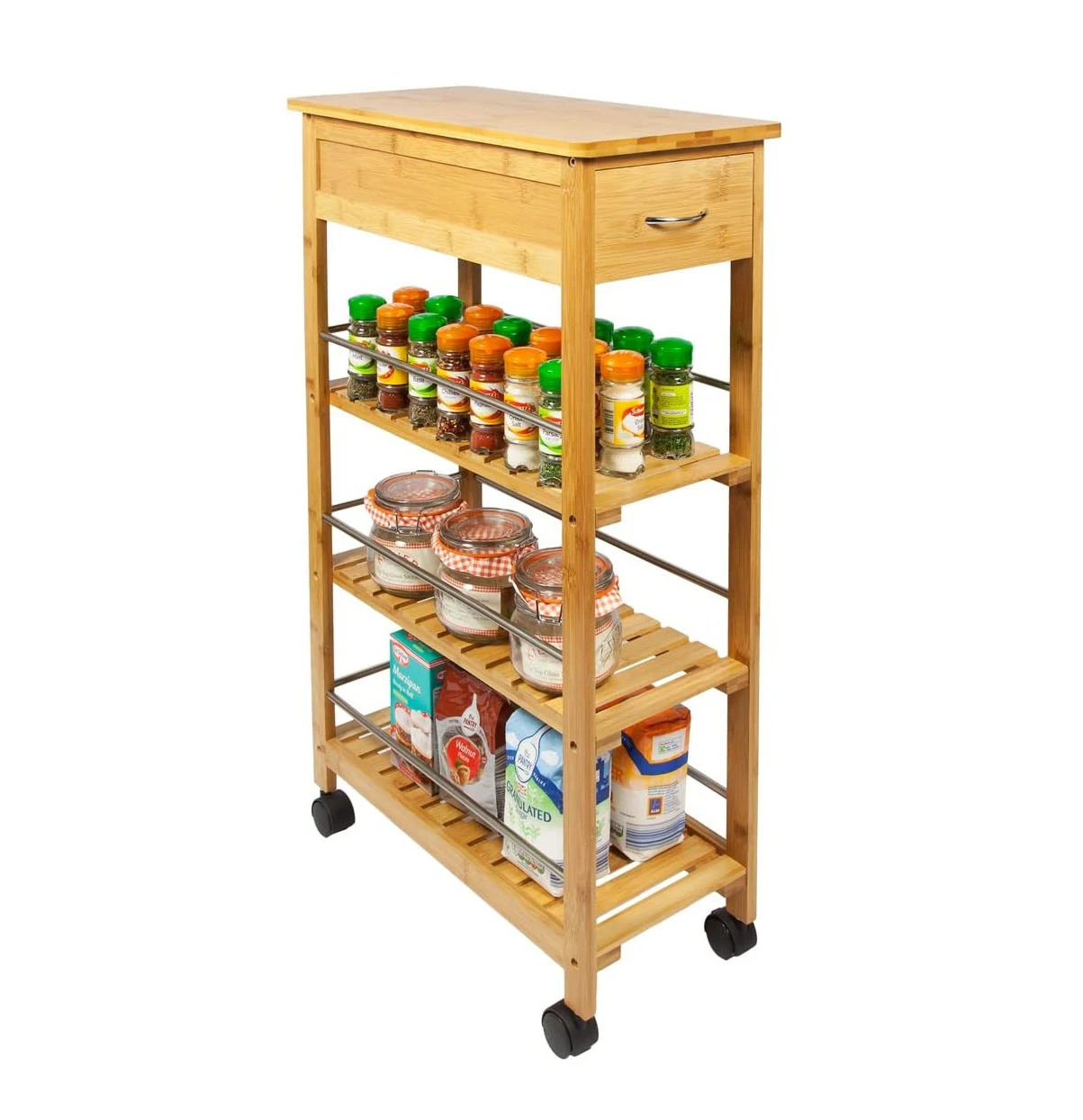 Bamboo Kitchen Trolley Cart with Drawer, Utility Organizer Rack, 4-Tier Slimline Bamboo Kitchen Islands Storage Trolley Cart