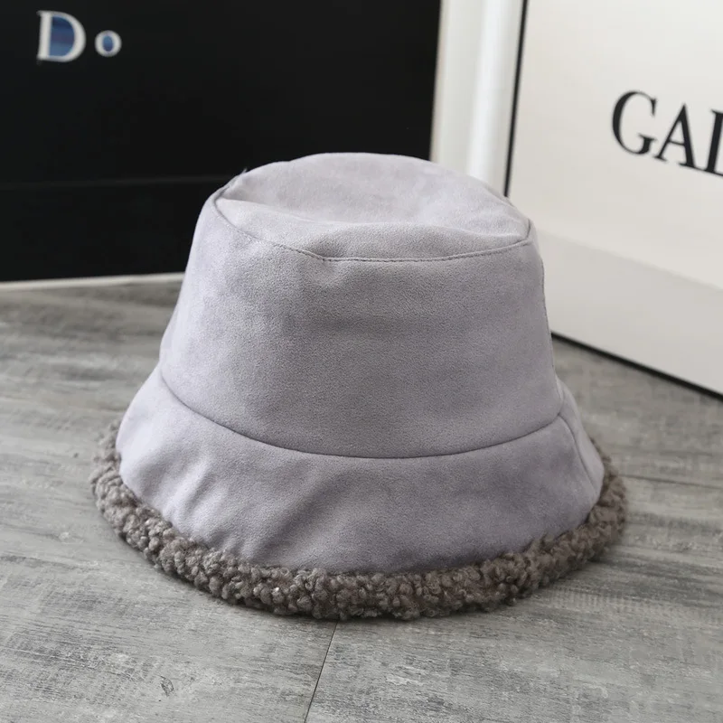Deer skin velvet fisherman hat, winter lamb wool with velvet basin hat, plush water bucket hat
