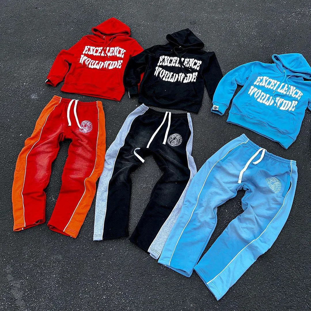 Custom Applique Logo Color Block Men Streetwear Distressed Patch Patchwork Hoodie And Sweatpants Set Casual Jogging Tracksuits