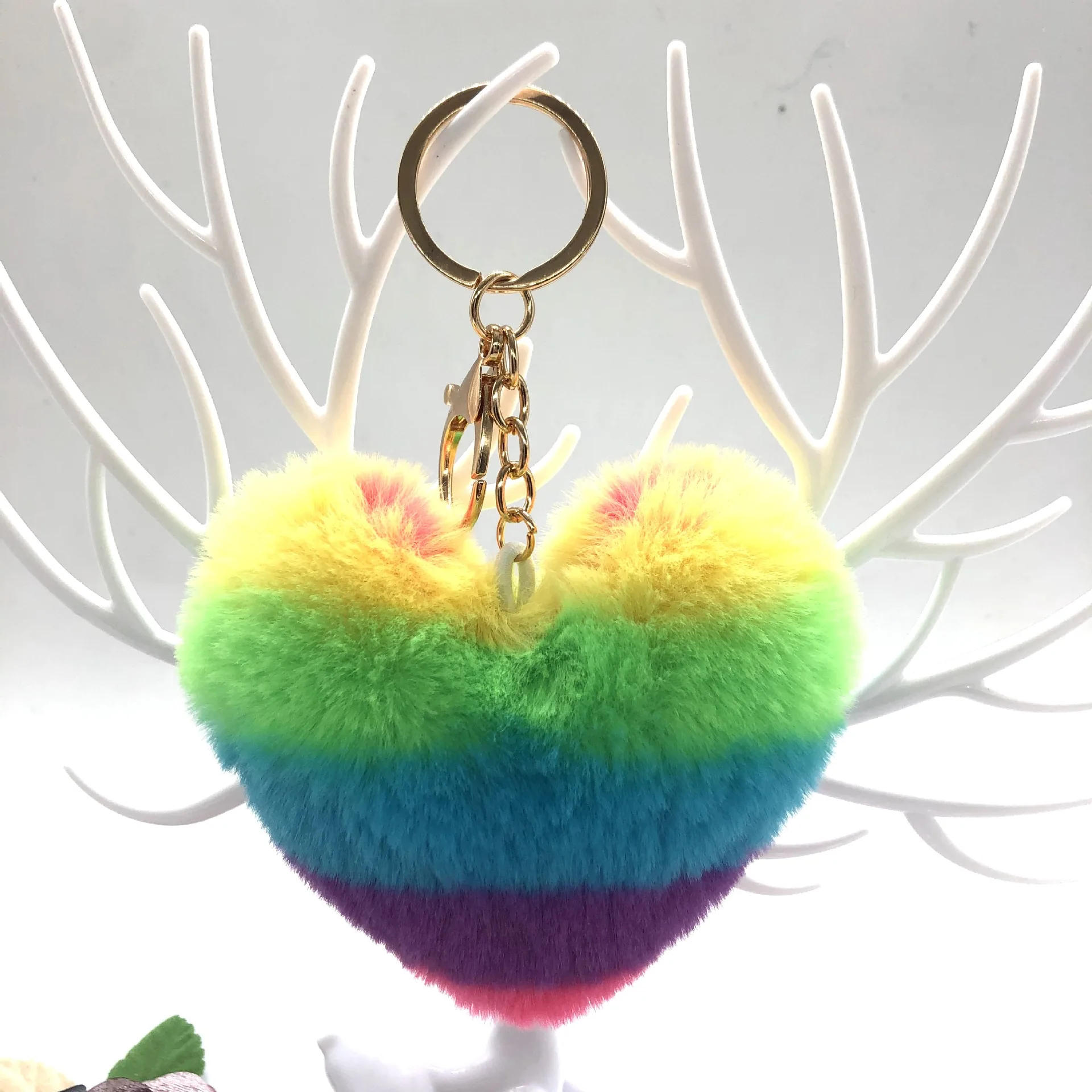 fluffy personalized heart shaped fur pompom keychain  color heart shape cute custom fake  fur pom pom  keychain