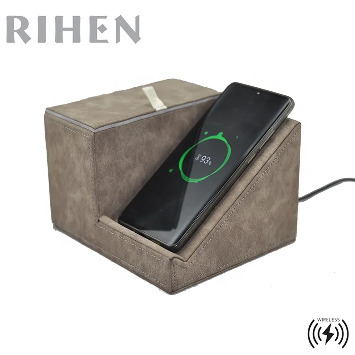 
Desk Holder PU Leather Desktop Organizer with 10W Wireless Charger Tissue box for coffee shop BAR 