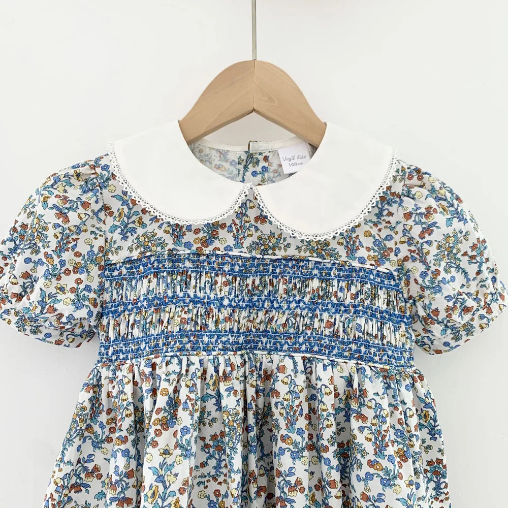 
2021 Summer Baby Girls Smocked Dress 3 Year Old Girl Dress Vintage Smocked Top Floral Printed 