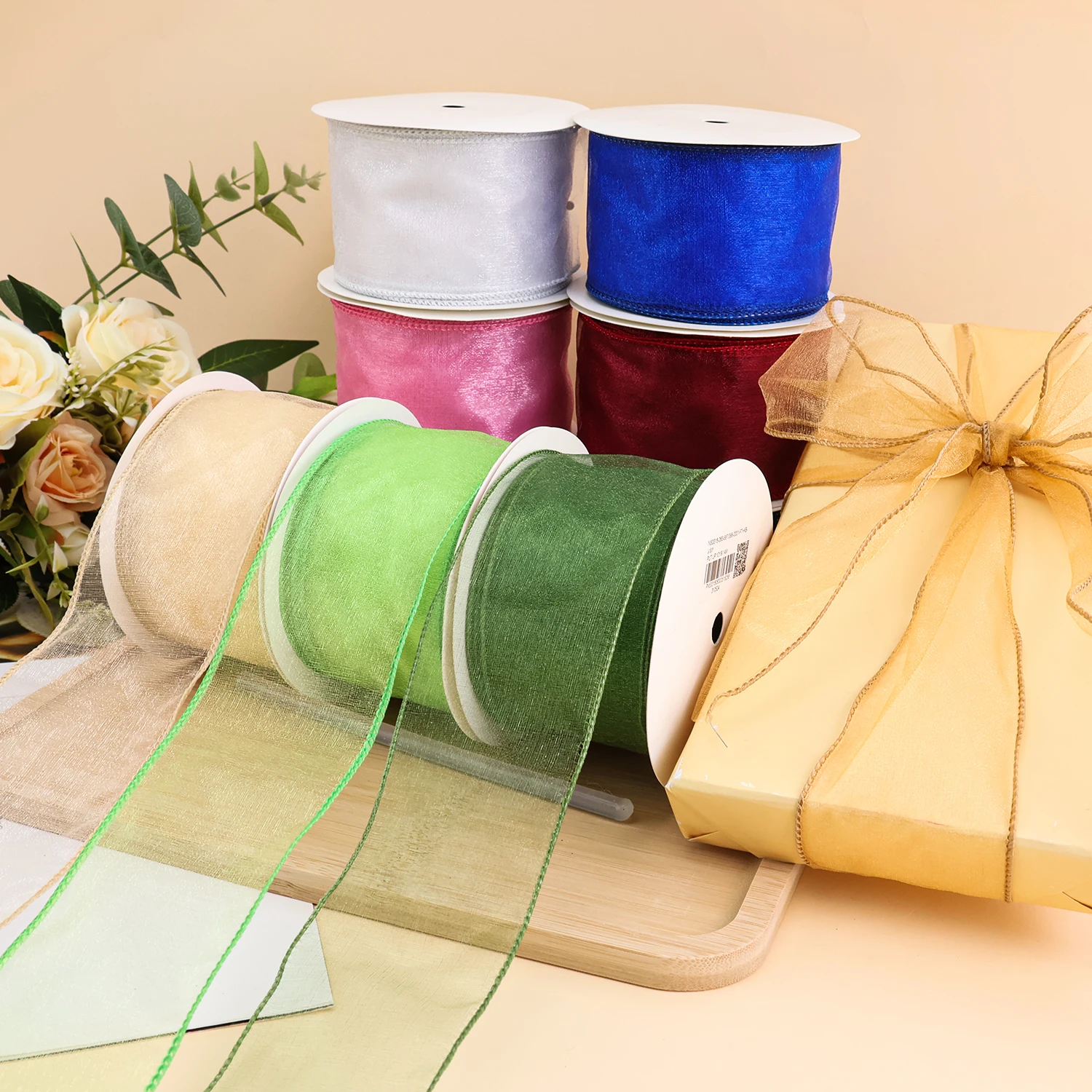 Midi Stock Solid Colors Fine Linen Burlap 63MM Width Christmas Wired Edge Ribbon For Wreath Tree Decoration