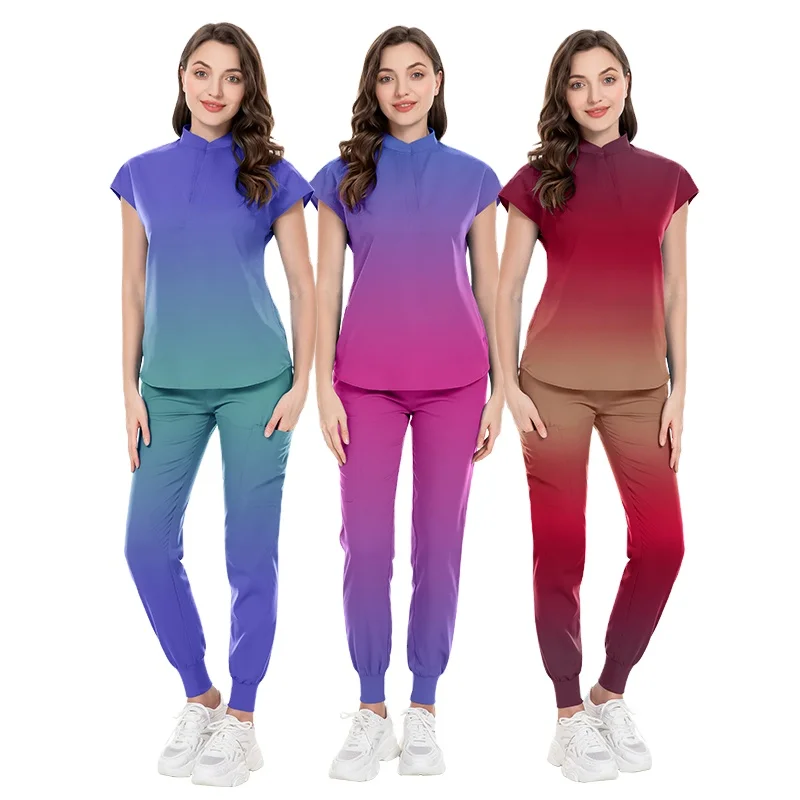 Ramp Mandarin Neck Flare Pants Women Nursing Surgical Suits Scrub Sets Stylish Fashionable TRS Stretchy Gradient 2024 Waterproof