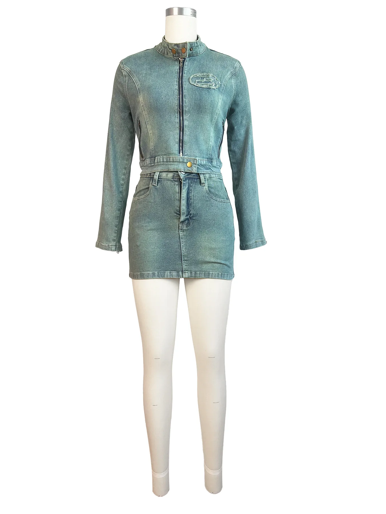2024 fall ready to ship long sleeve denim jeans two piece jackets and skirt set