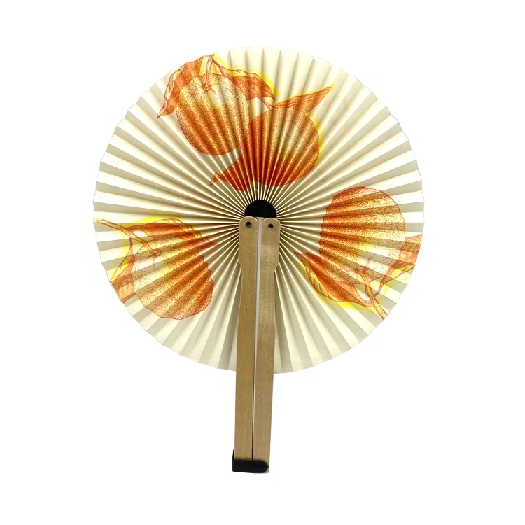 Wholesale Custom Printed Mini Foldable Paper Fan Round Shaped Folding Accordion Fan with Wood Handle
