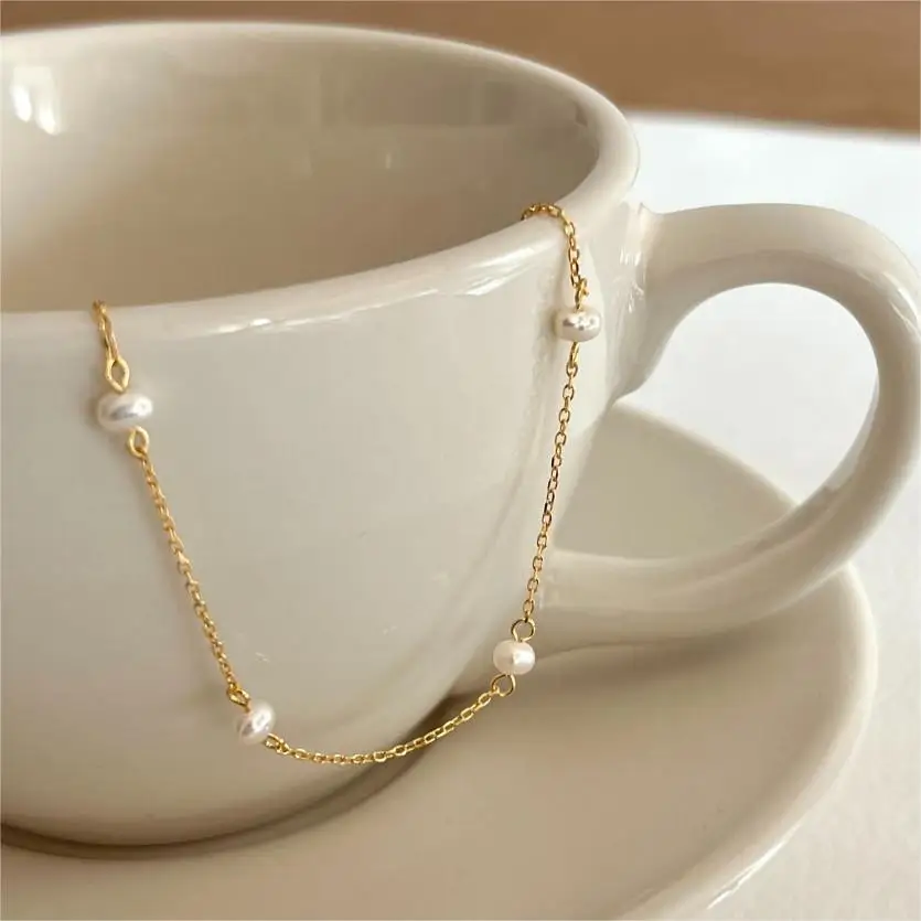 Minimalist 925 Sterling Silver 18k gold Plated Freshwater Pearl Bracelet for Women
