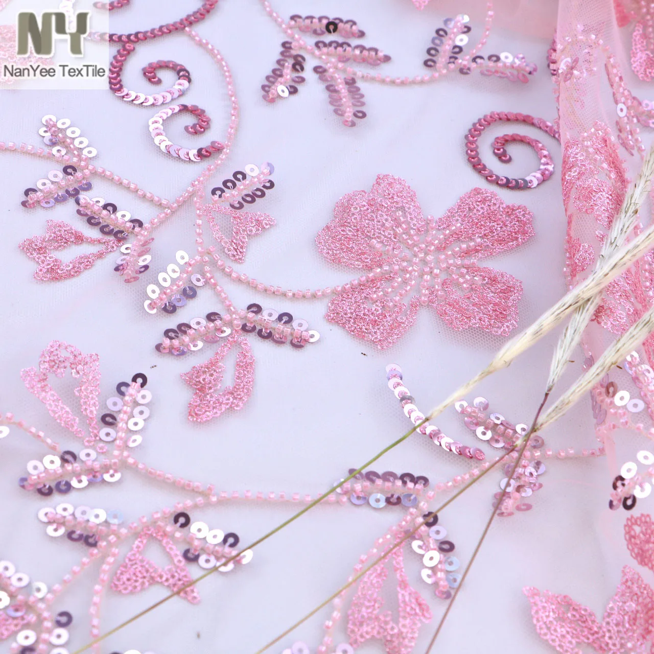 Nanyee Textile Luxury African French Lace Embroidery Light Pink Floral Beads Fabric For Dress