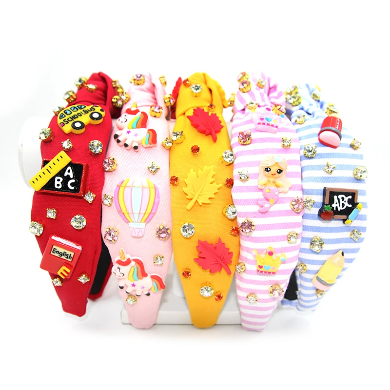 Shenglan 2023 New Arrival Back to School Headbands Red Color Canvas School Bus Book Decorations Top Knotted Hairband For Baby