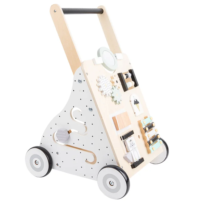 3-6 years old baby design push and pull wooden baby walker early education busy car trolley busy board two in one