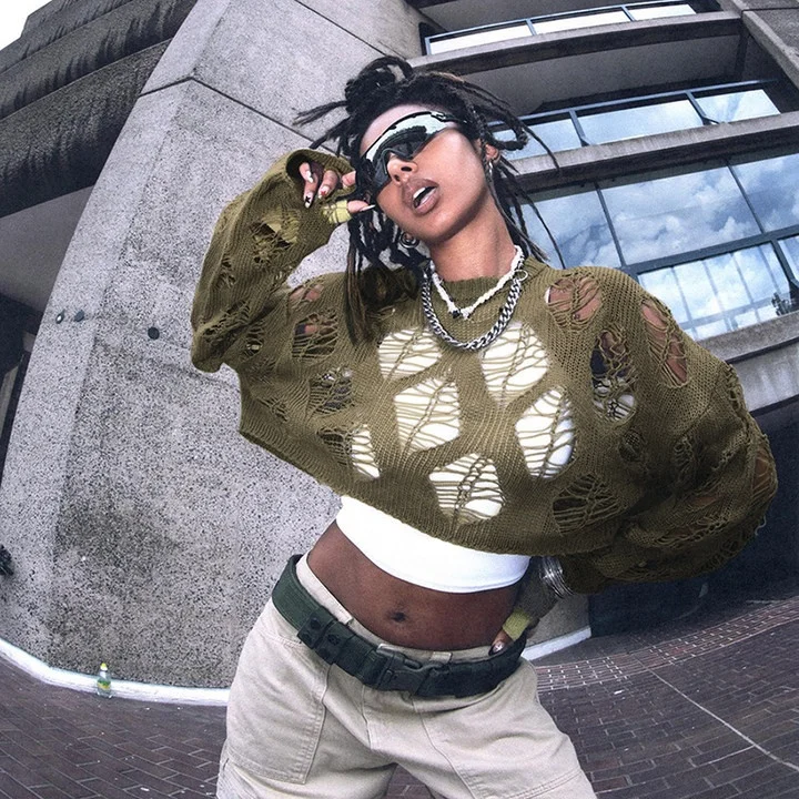 New Arrivals 2023 Long Sleeve Knit Sweater Top Women Hollow Out Knitted Crop Top Ladies Knitting Boutique Clothing