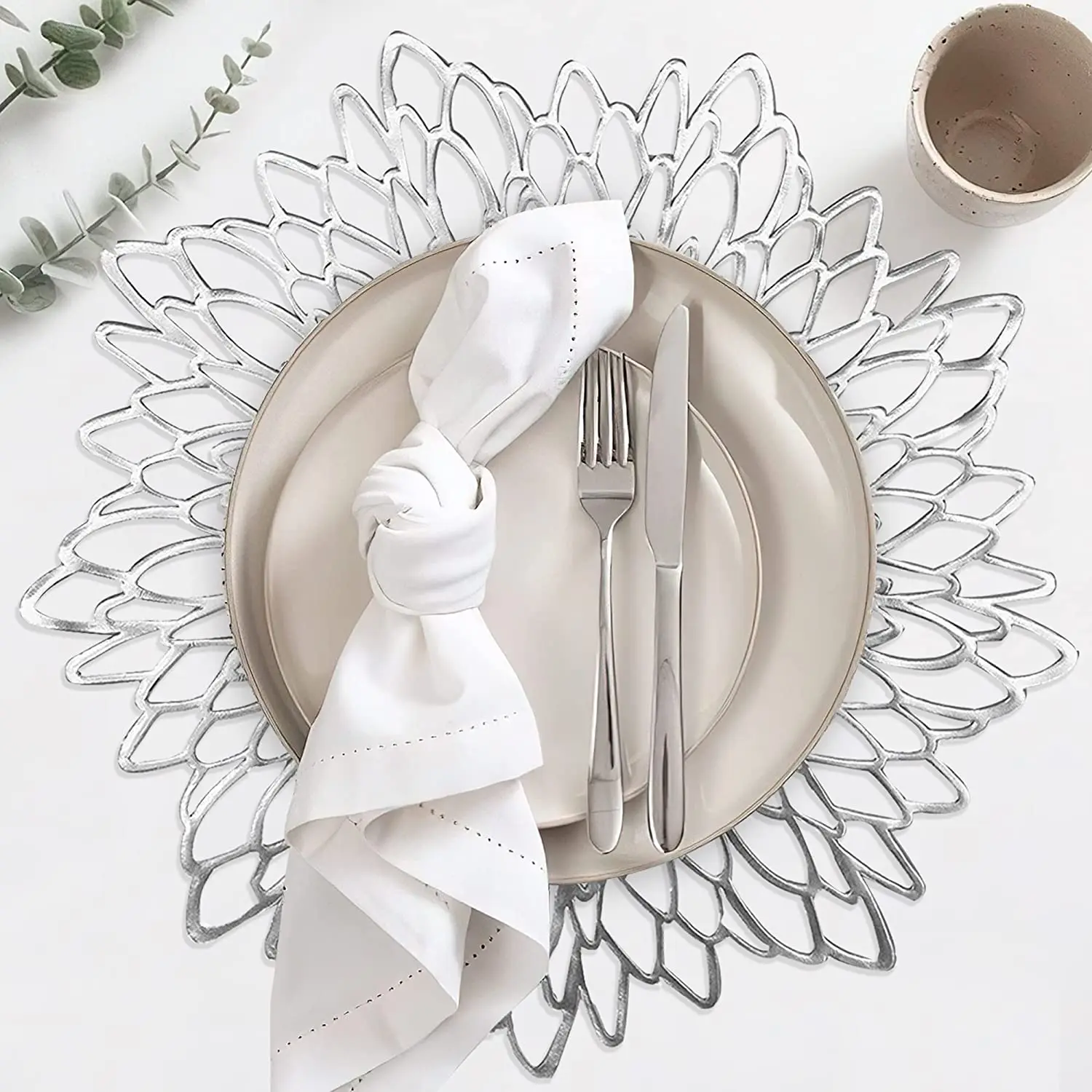 Tabletex wholesale custom cheap pvc dining table woven charger pressed metallic round gold sliver vinyl placemats for wedding