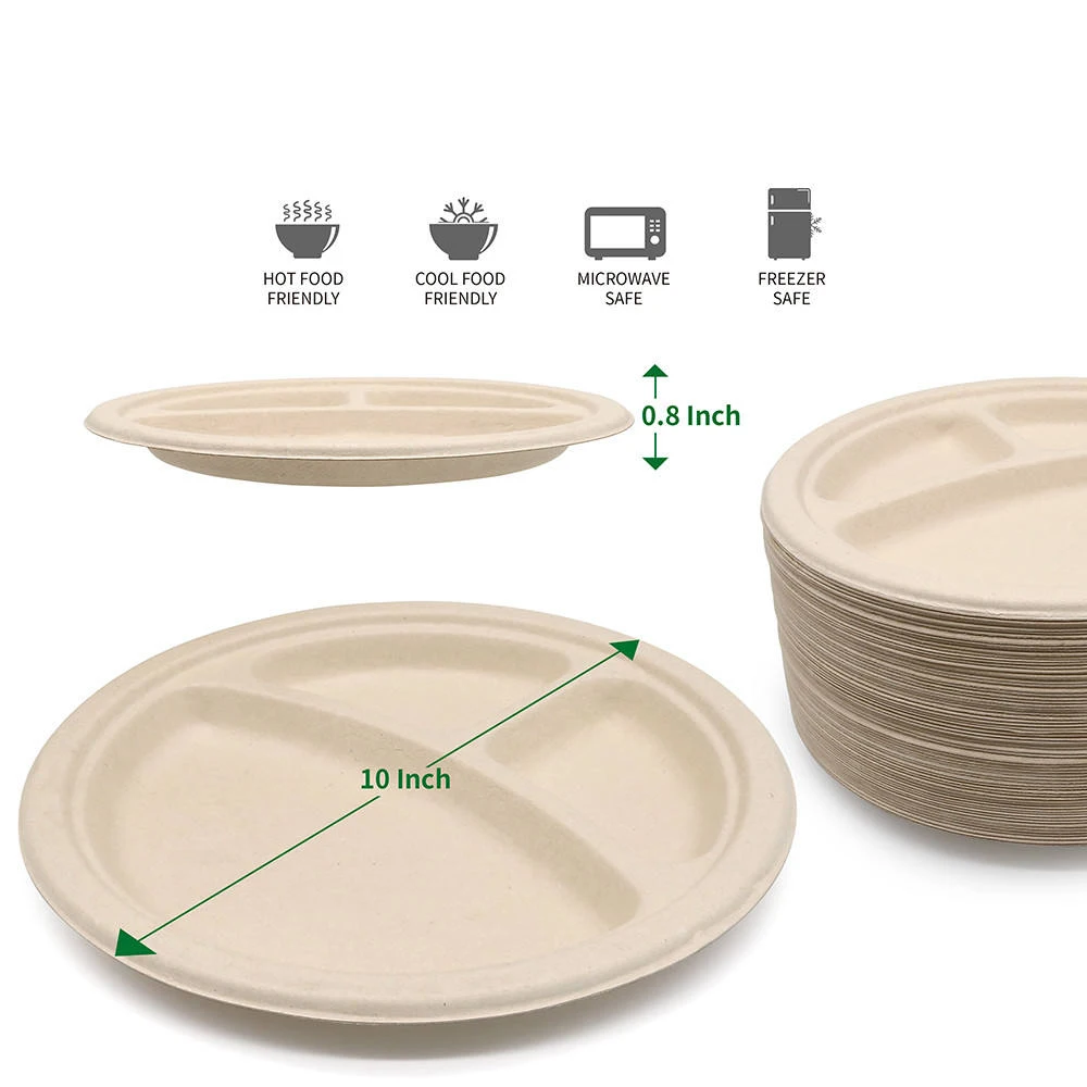 Custom 9 Inches Greaseproof and Microwave Safe Eco Friendly Bagasse Disposable Bio Degradable Plates