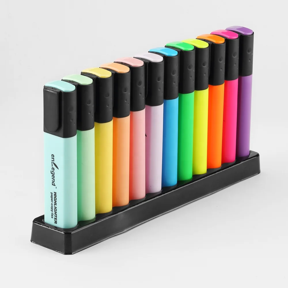 Practical Highlighter Marker Pen Set: Square Barrel Design in Classic Style with 12 Colors