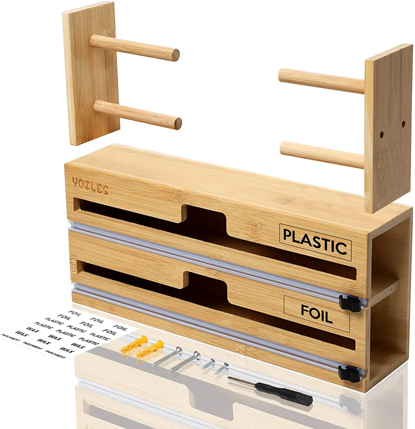 2 in 1 Kitchen Bamboo Wood Tin Foil Wax Paper and Plastic Saran Cling Wrap Organizer Dispenser Holder with Cutter for Drawer