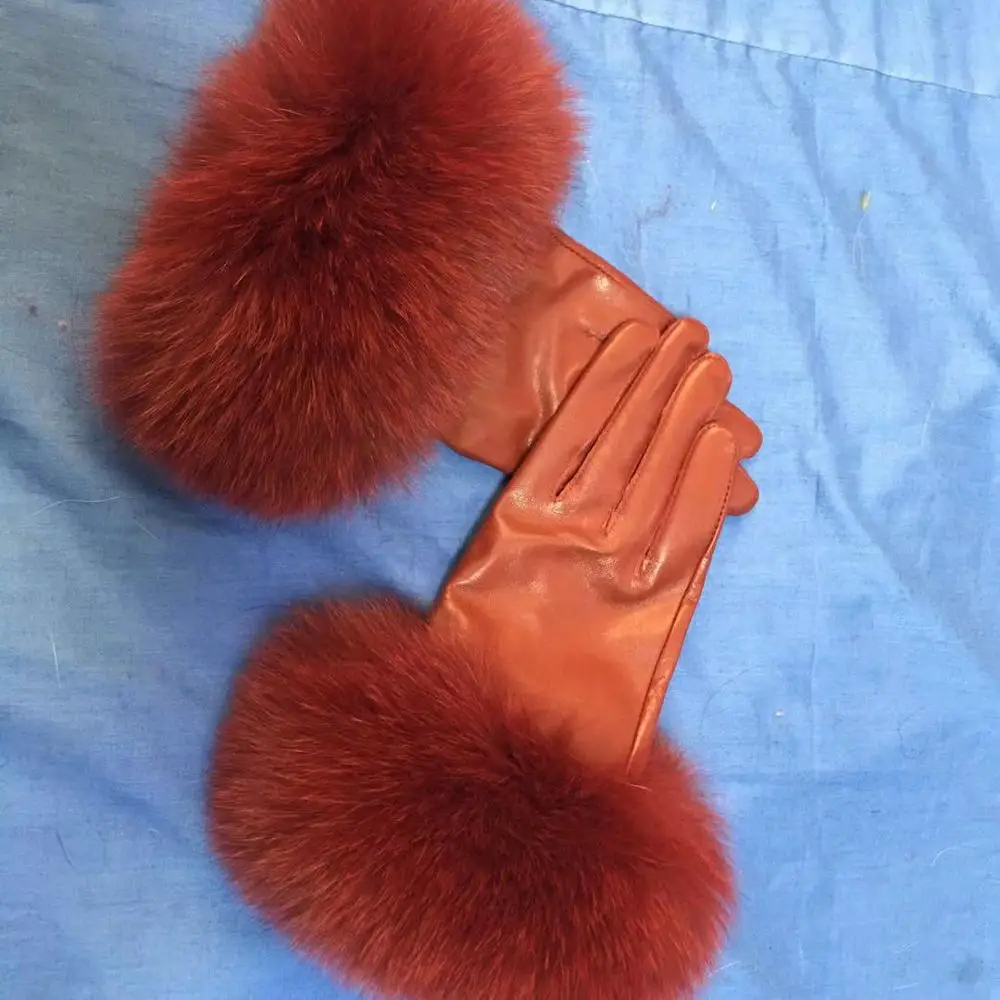 2019 muticolorsuede  real sheep skin leather glove real  fox fur trim