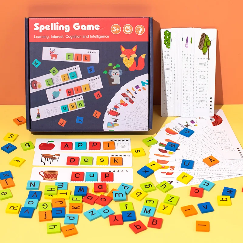 Spelling Games Block Sight Word Games with 35 Flashcards Wood Learning Educational Phonic Games for Toddlers Kindergarten Toys
