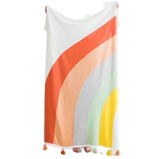 Style Air Conditioner Rainbow Soft 100% Cotton Pom Tassel Baby Adult Simple Festival Plain Anti-Static Knitted Blanket Rb