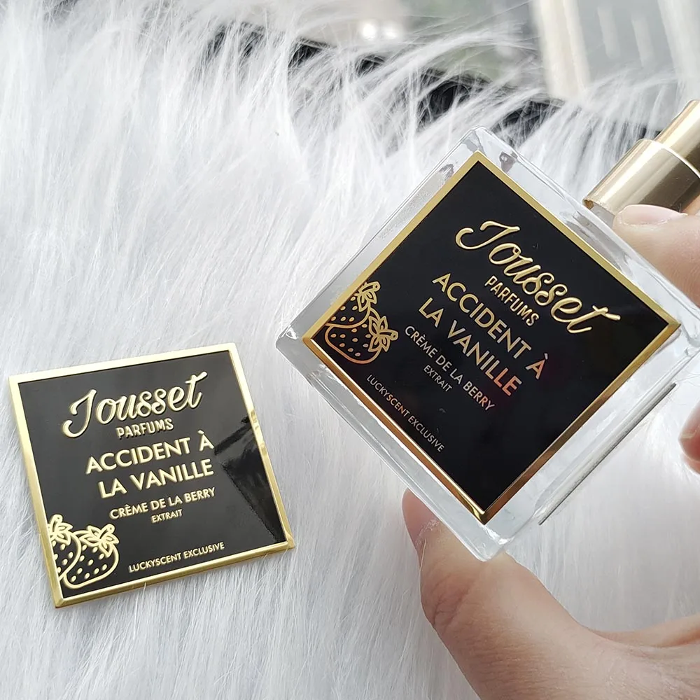 3d embossed black and gold luxury cosmetic packaging clear labels for cosmetic bottles label metal logo plate perfumes