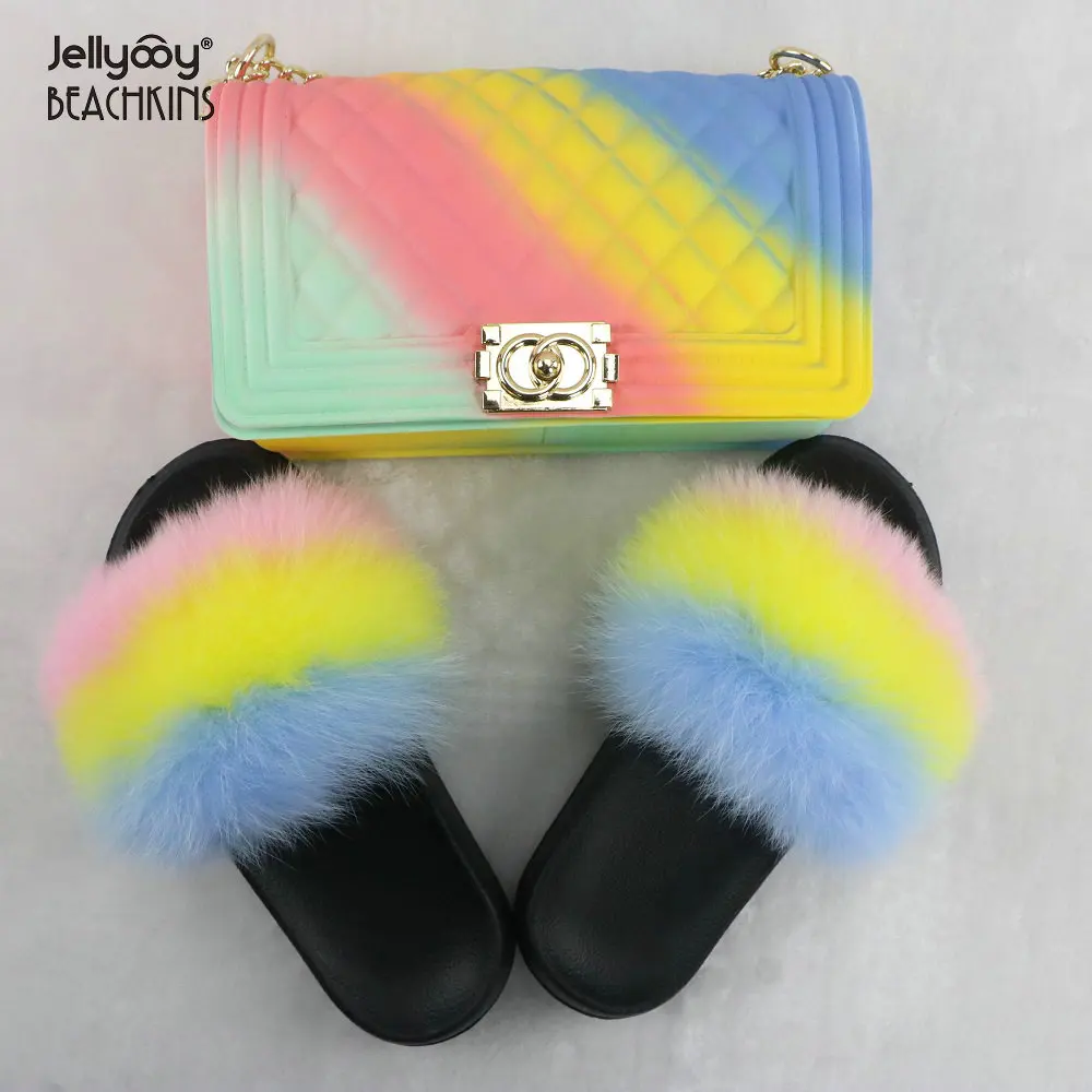 Jellyooy BEACHKINS Matte Rainbow Jelly Bag With Fox Fur Slides Sets Purse Bag Match Colorful Fluffy Fur Slippers Sandals