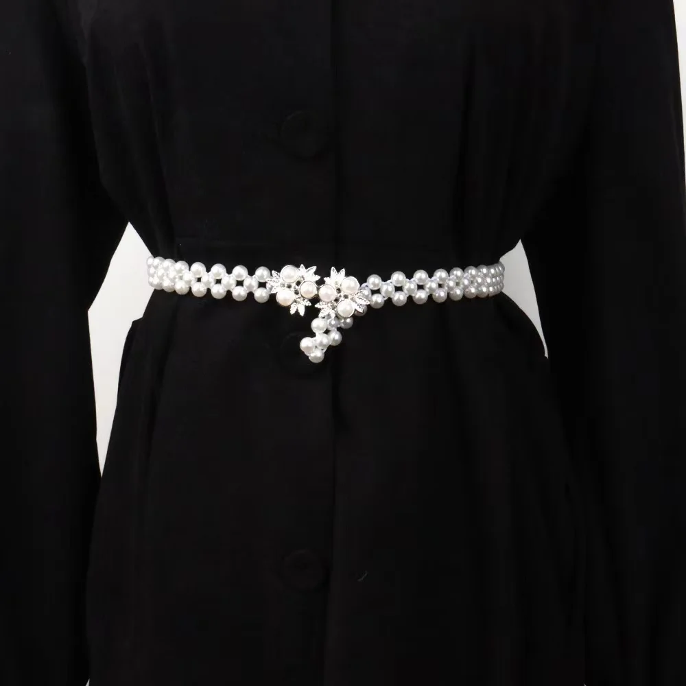 New pearl accessories ladies three leaves fashion buckle head pearl  elastic belt  waist chain