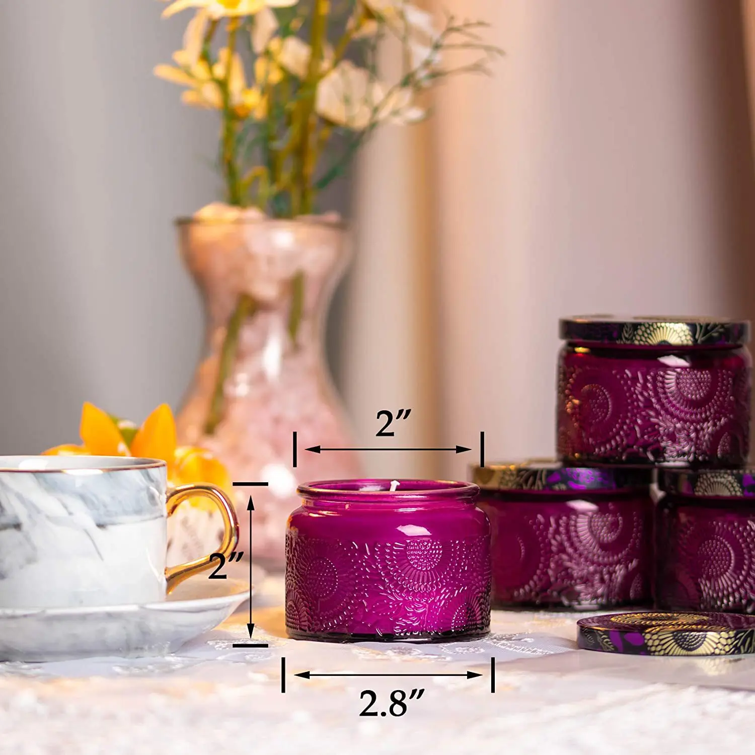 JD-C-1613 Hot 120ml embossed round pattern candle jar Colored scented candle holder embossed glass candle cup with lid purple