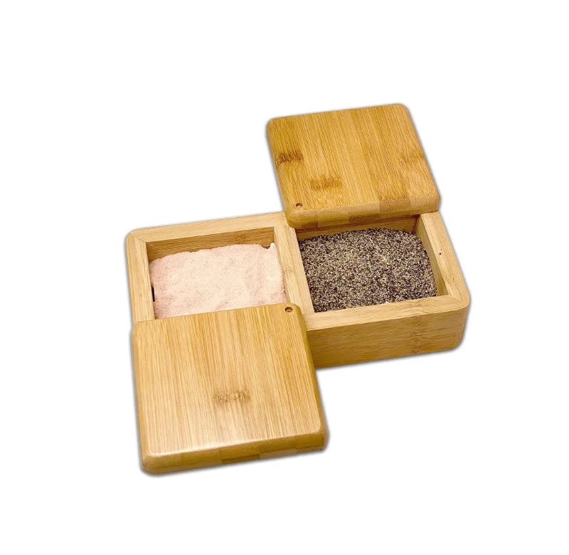 2-Compartments Natural Bamboo Multi-Purpose Storage Box with Swivel Lid for Salt, Sugar, Spices, Herbs