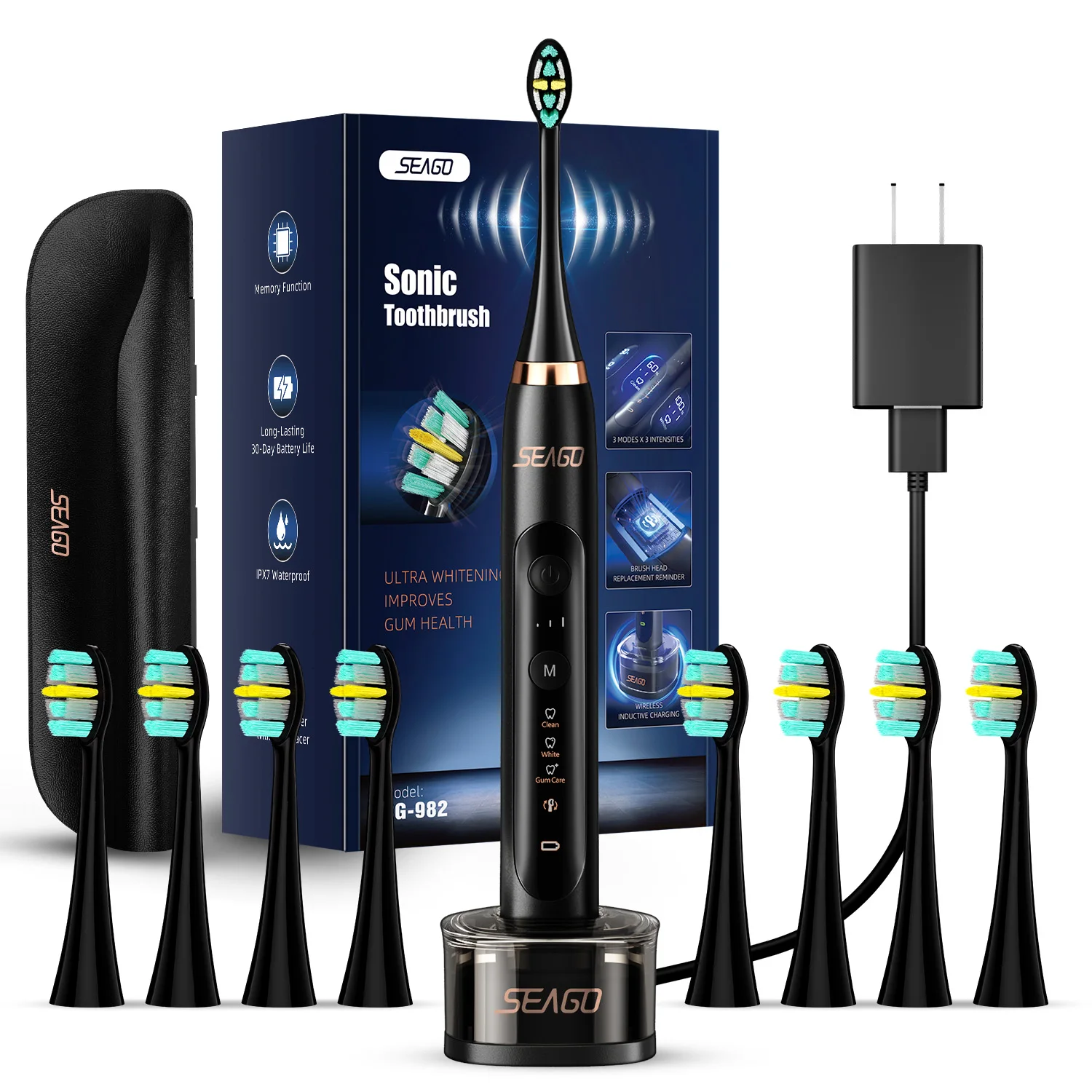 SEAGO Ultrasonic Electric Toothbrush for Adults Wireless Rechargeable Sonic Toothbrush Twin Engine 3 Modes and 3 Intensities
