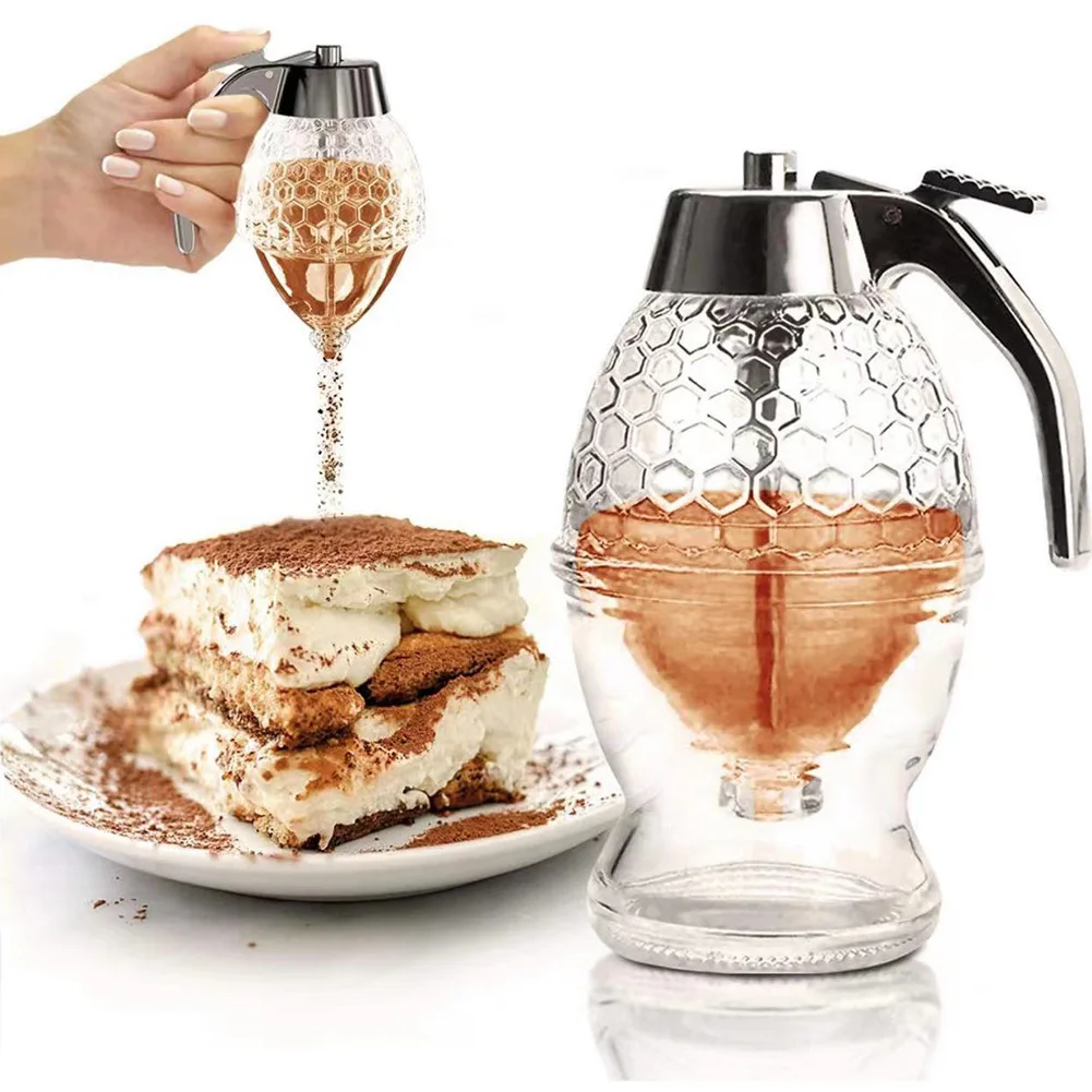 Wholesale Glass Honey Dispenser Jar Baking Syrup Honey Dispenser with Storage Stand Stainless Steel and Chrome-Plated ABS Design