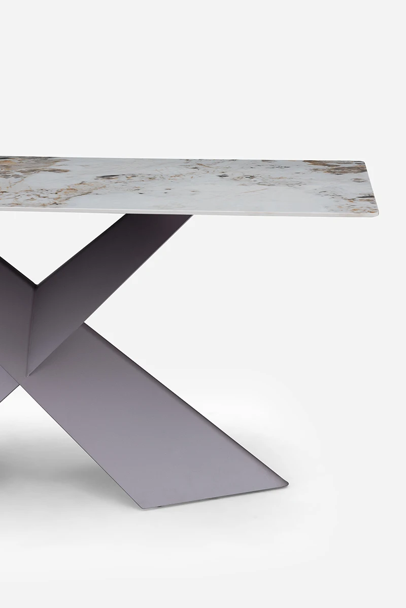 Modern X shape stainless steel base marble top new design dining table thin rock top six seat dinner room dining tables set