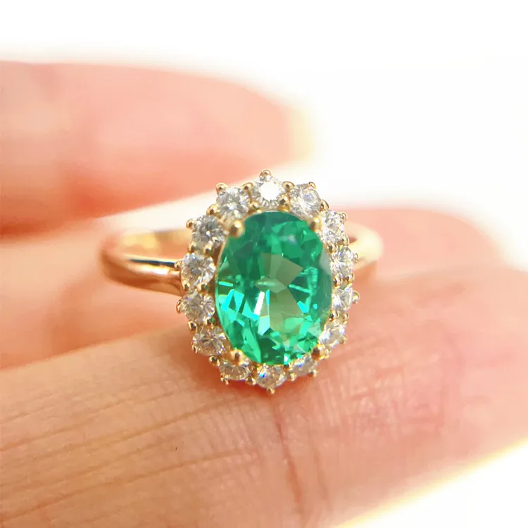 Roomy purity solid gold Jewelry classic diana design women ring 1ct  oval lab grown Colombian Emerald rings
