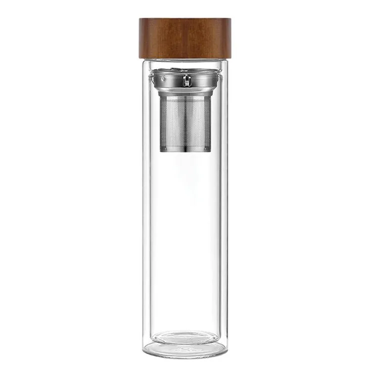 drinkware alibaba 2020 handmade glass tea infuser tumbler glass mug tea cup water bottle with infuser wooden lid and bamboo cap