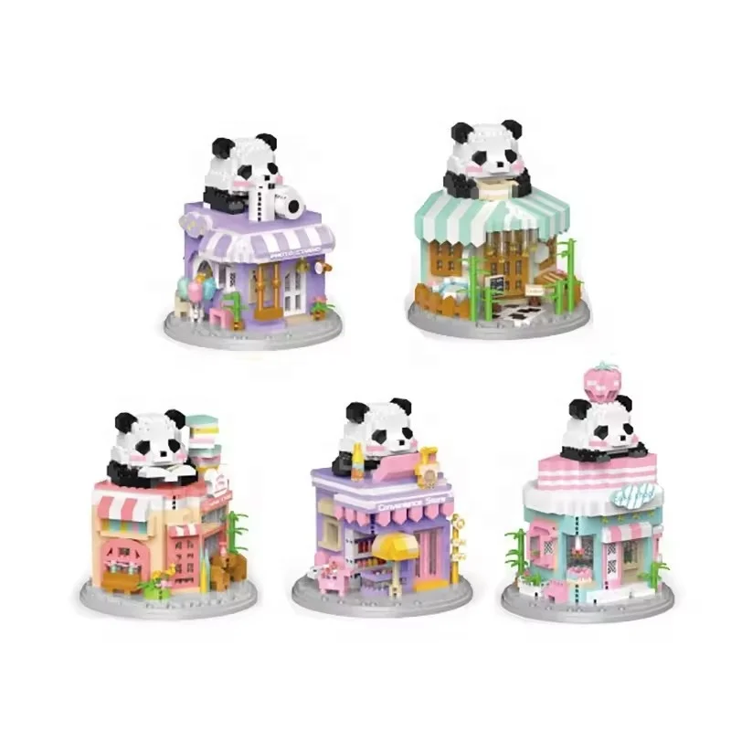 Panda House kids micro-particle assembly decoration bookshop Photo studio Coffee House 5 theme optional building block toys