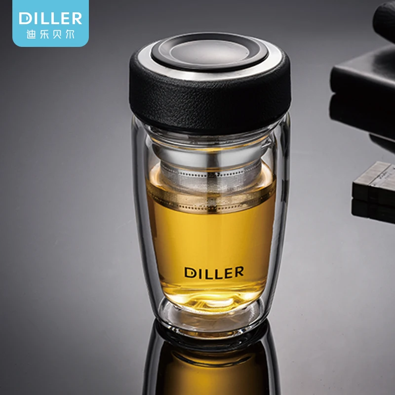 Customized Logo Double wall high borosilicate glass tea Bottle mug with tea Infuser