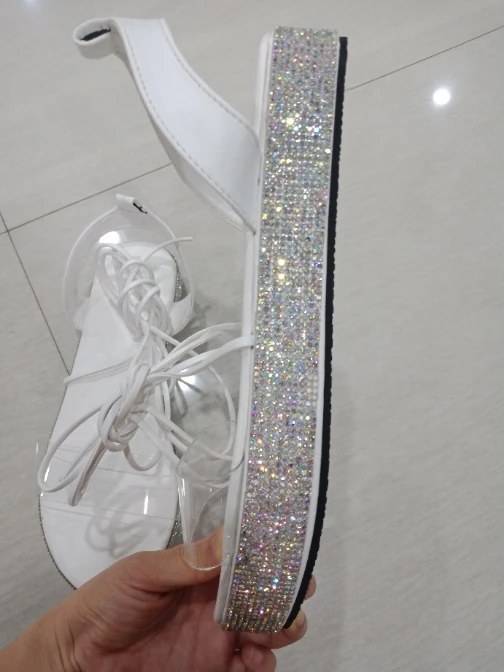 
Summer Women Lace Up Rome Platform Beach Thick Bottom Crystal Shoes Casual Bling Bling Rhinestones Flat Slippers Sandals 